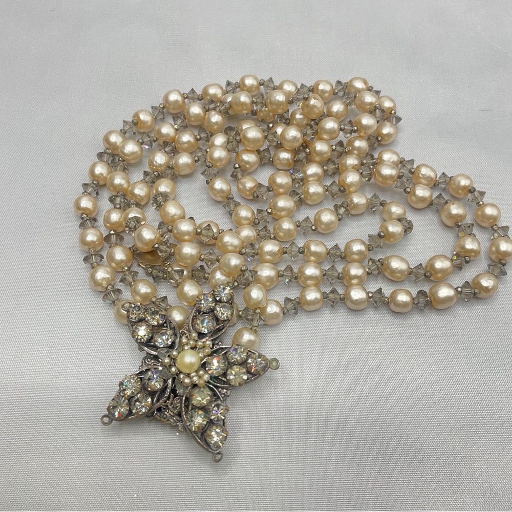 Miriam Haskell Painted Glass Pearl Necklace with Crystal Star, Signed